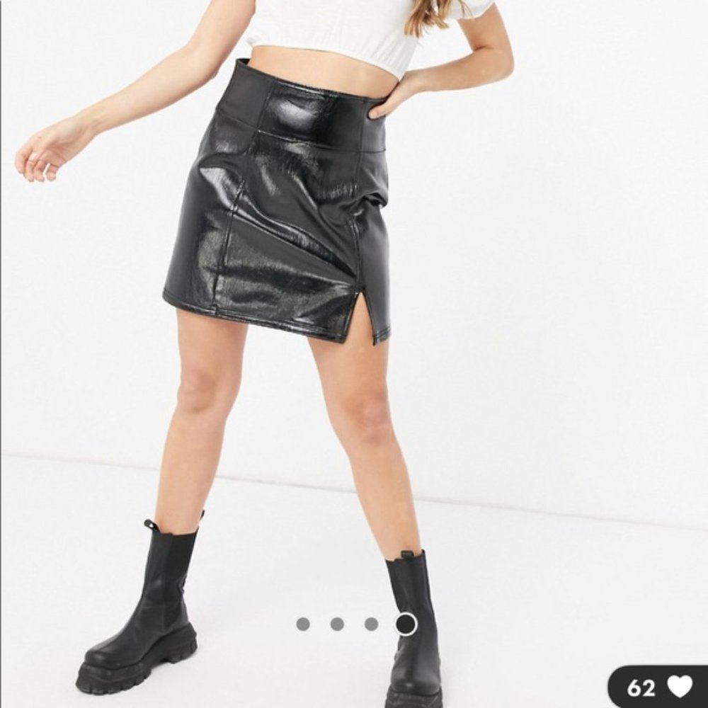 FP Free People shiny black faux vegan leather slit front mini skirt, 10